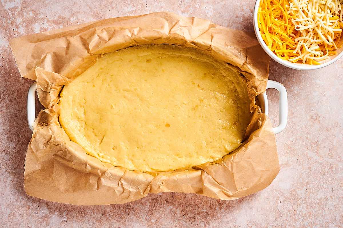 assembled dough in baking dish.