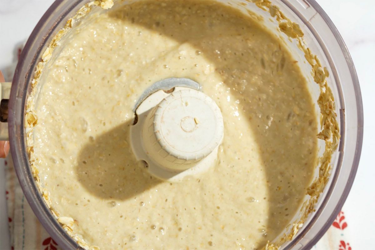 oatmeal waffle mixture in a food processor.