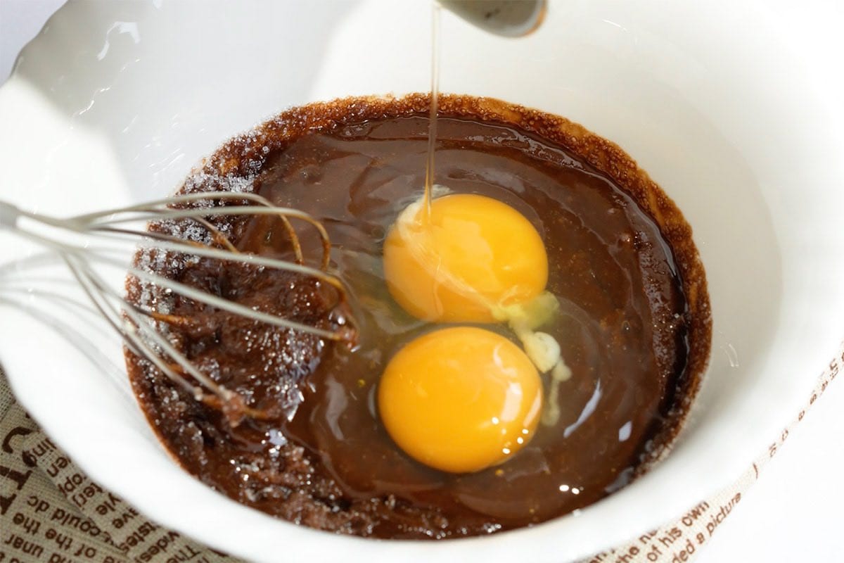 eggs and sugar whisked into melted chocolate mixture.