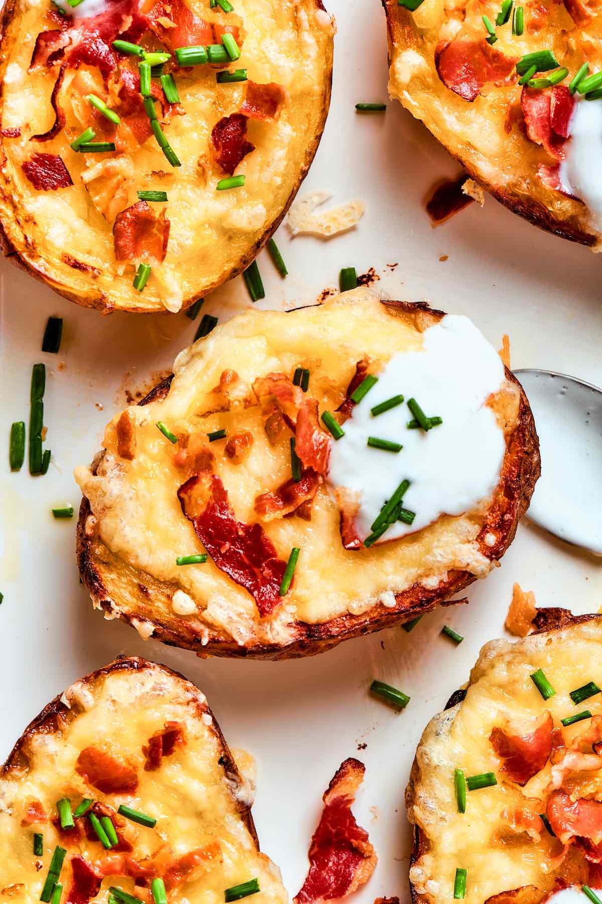 air fried potato skins on a serving dish.