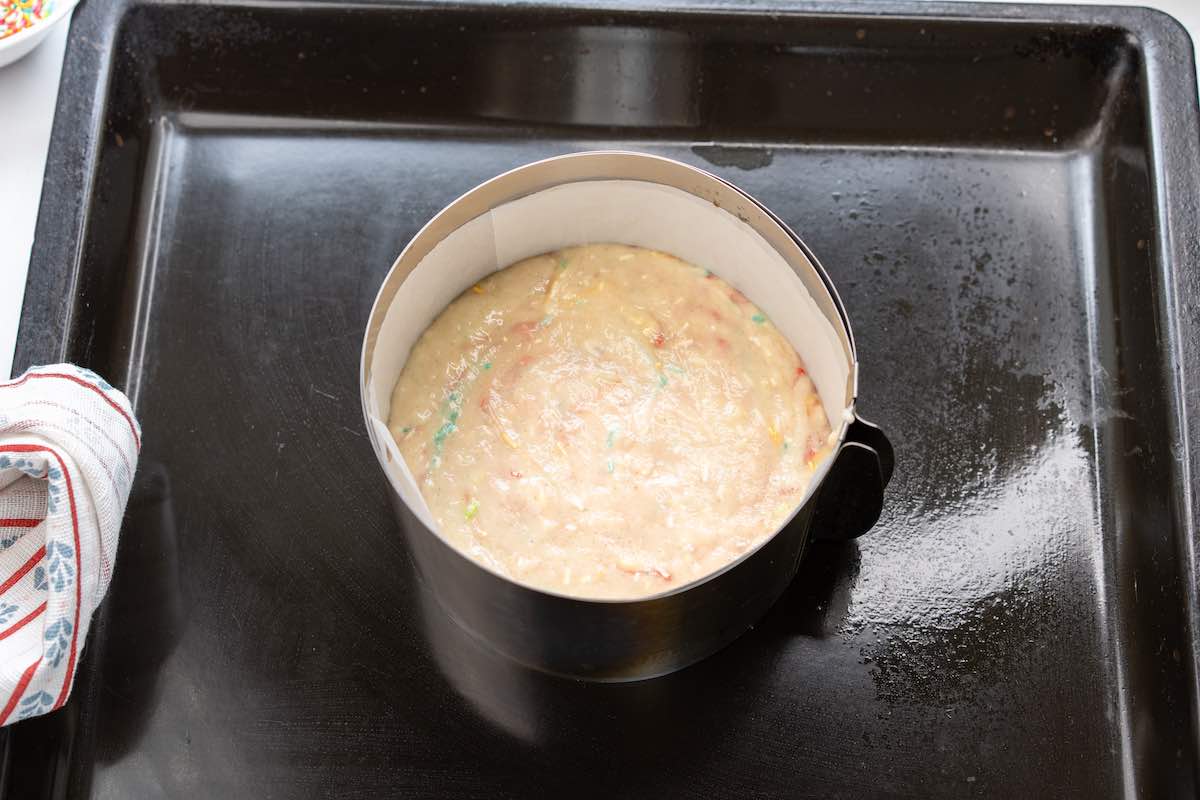 unbaked cake in baking pan.