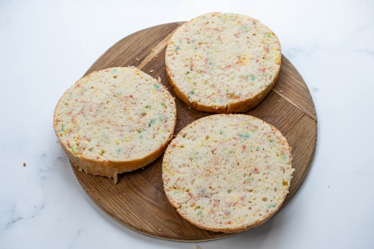 baked and sliced funfetti cake.