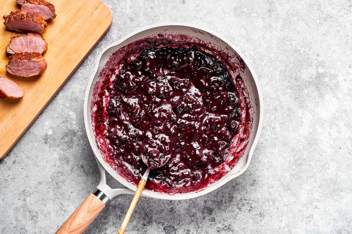 homemade plum sauce in a pan.