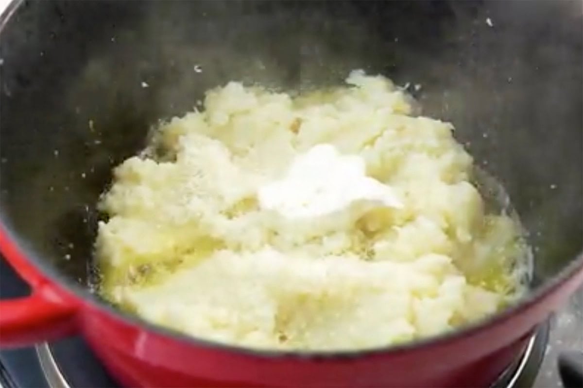 mashed cauliflower mixed with cream cheese and Parmesan cheese.