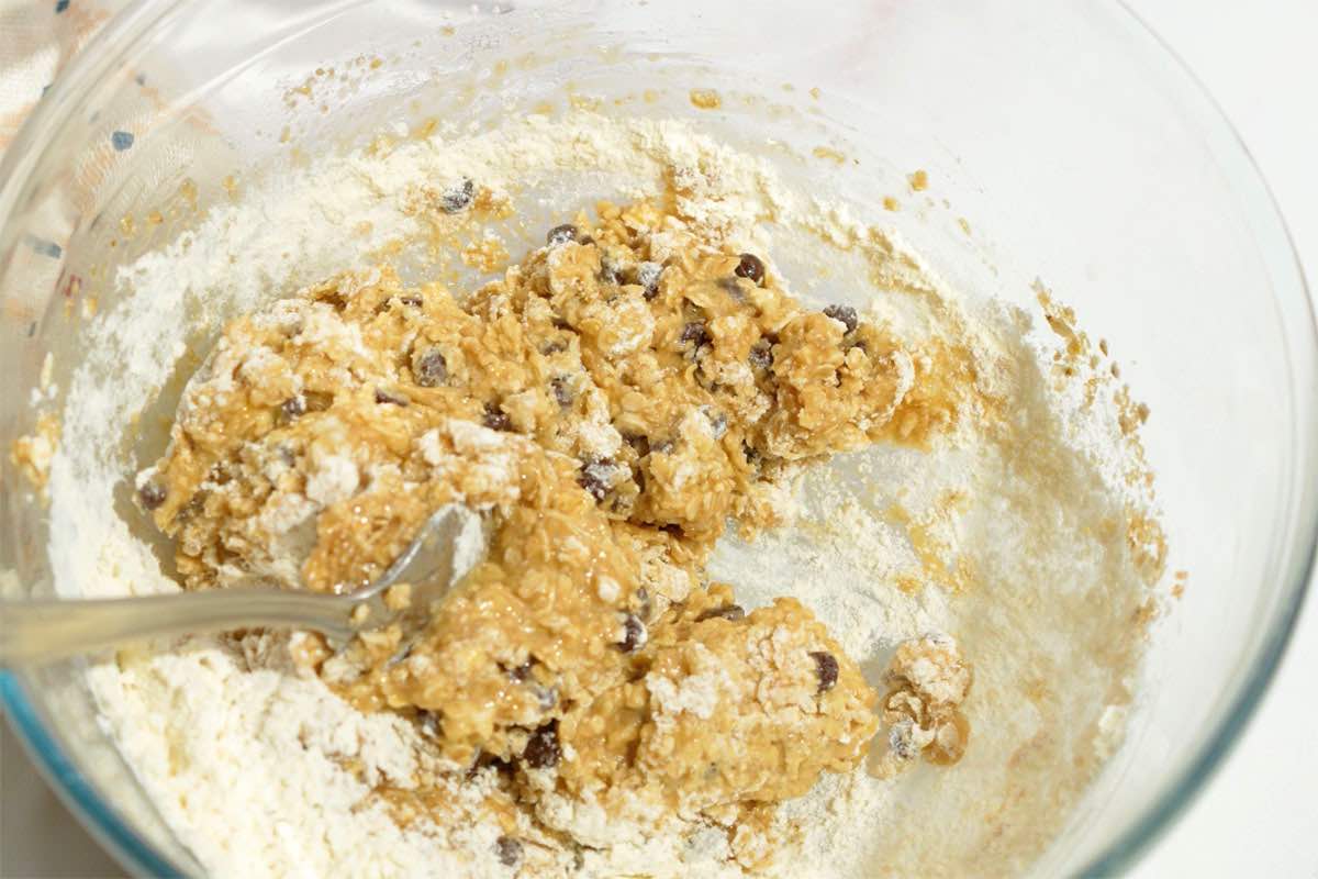 cookie dough being mixed in bowl.