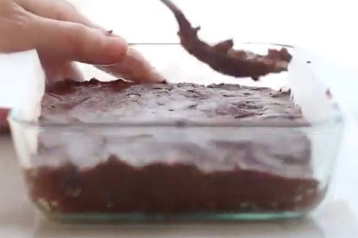 brownie batter in baking dish.