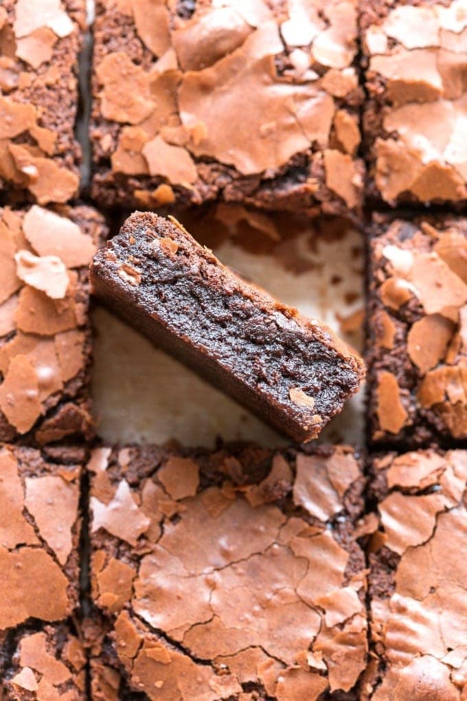 fudgy sliced keto brownies.
