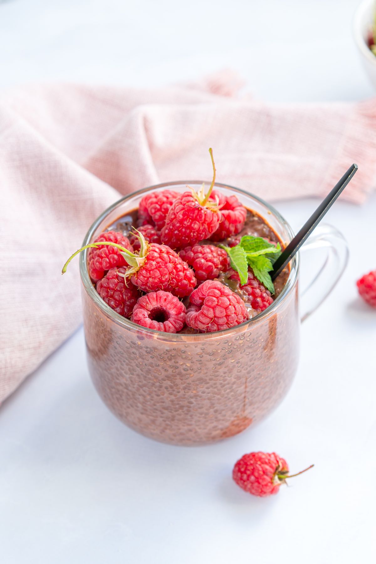 protein chia pudding with raspberries.