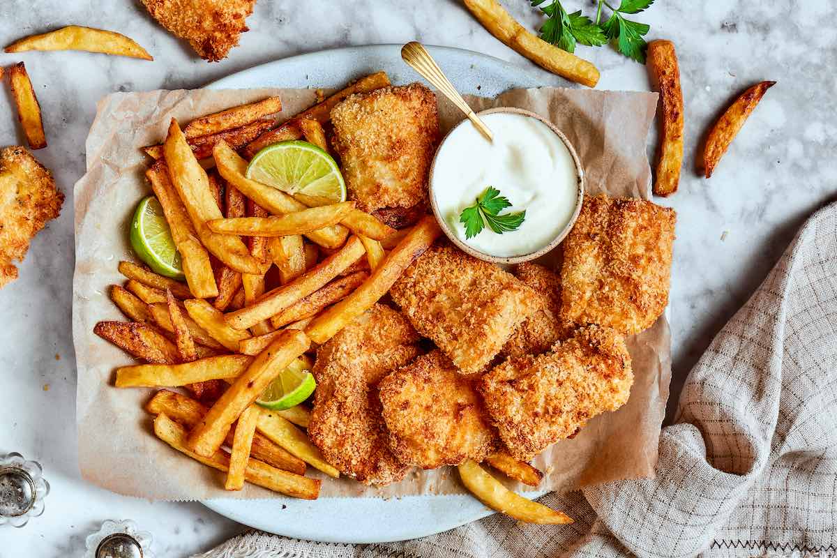 air fried fish and chips.