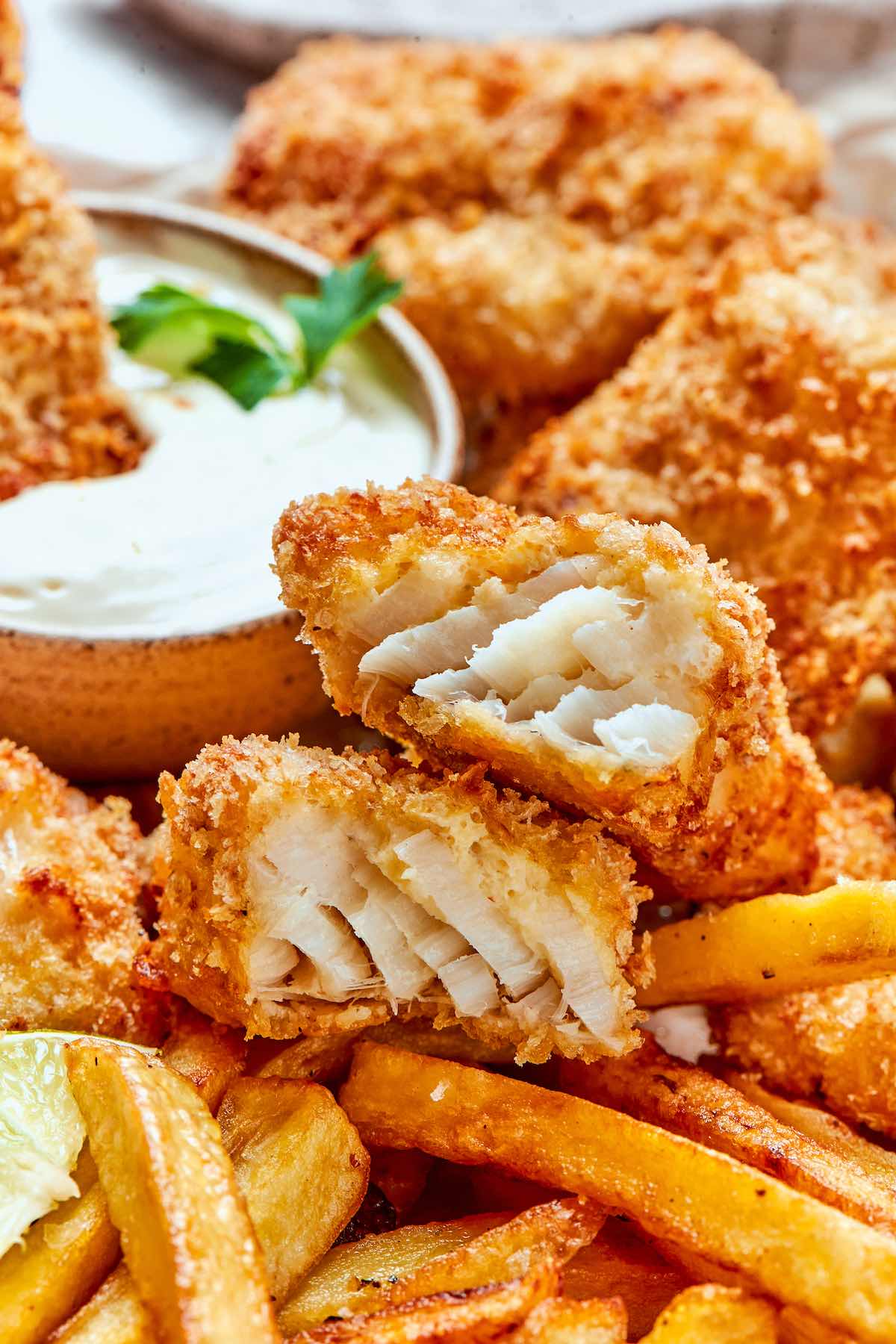 flaky fish over air fryer fries.