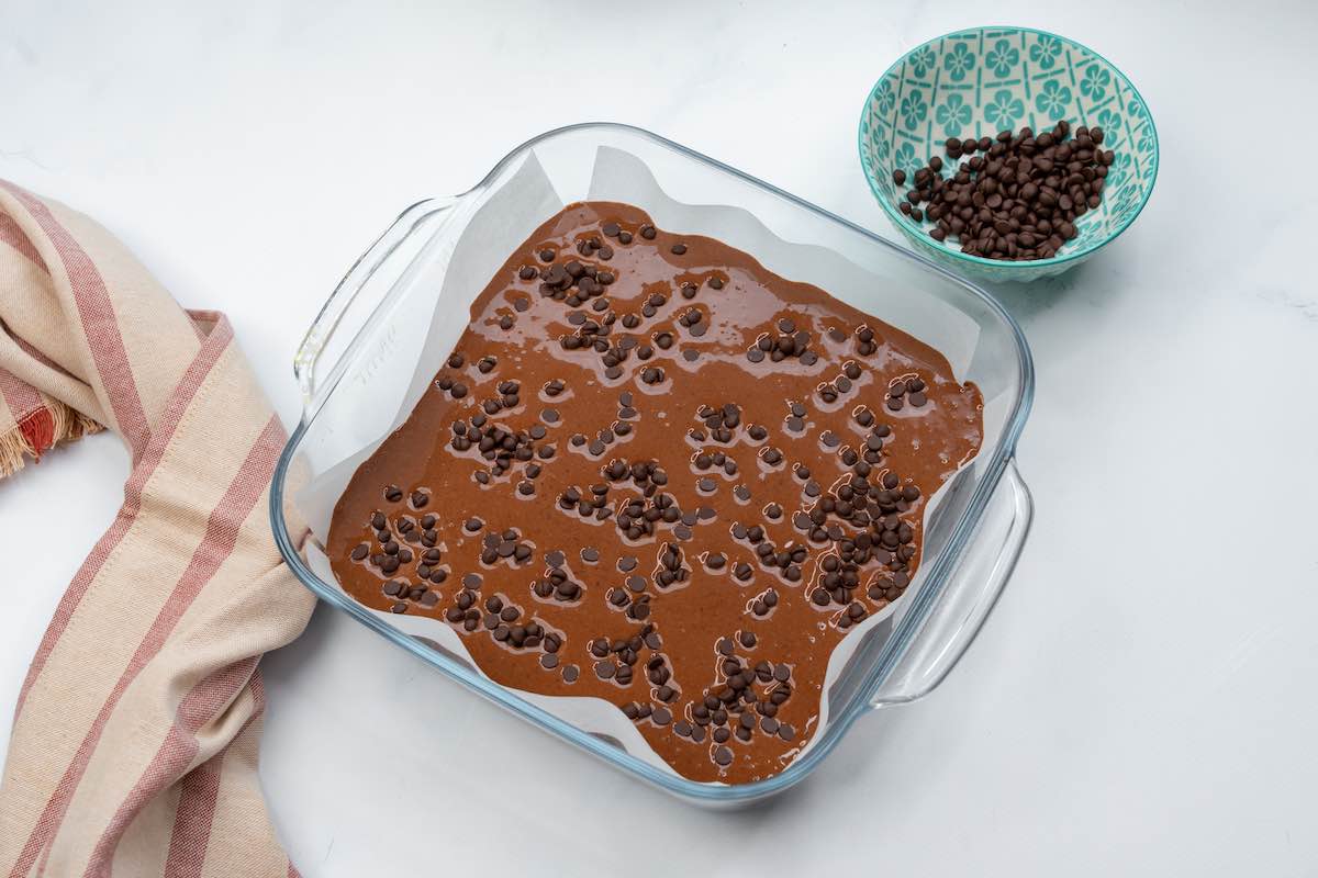 brownie batter in baking dish.