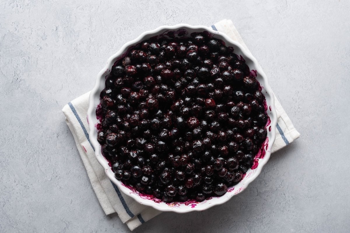 blueberries in a baking dish.