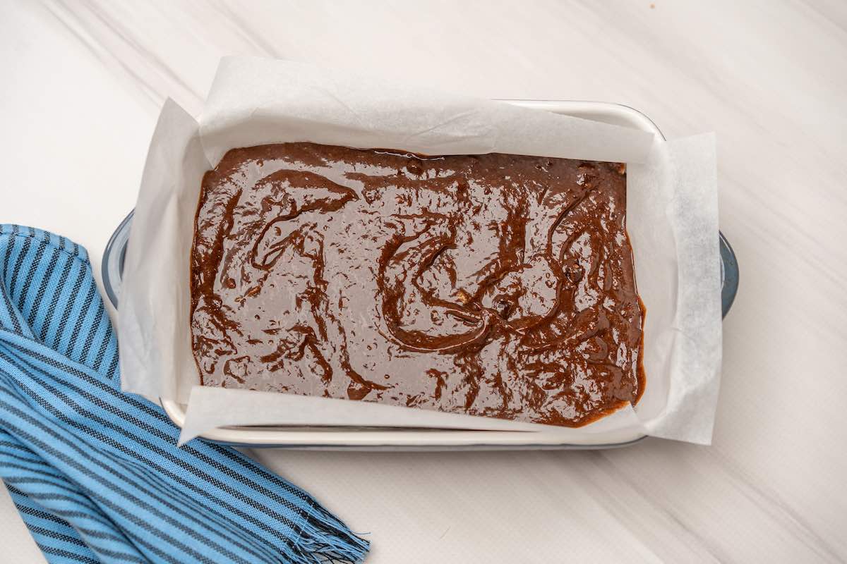 brownie batter in pan.
