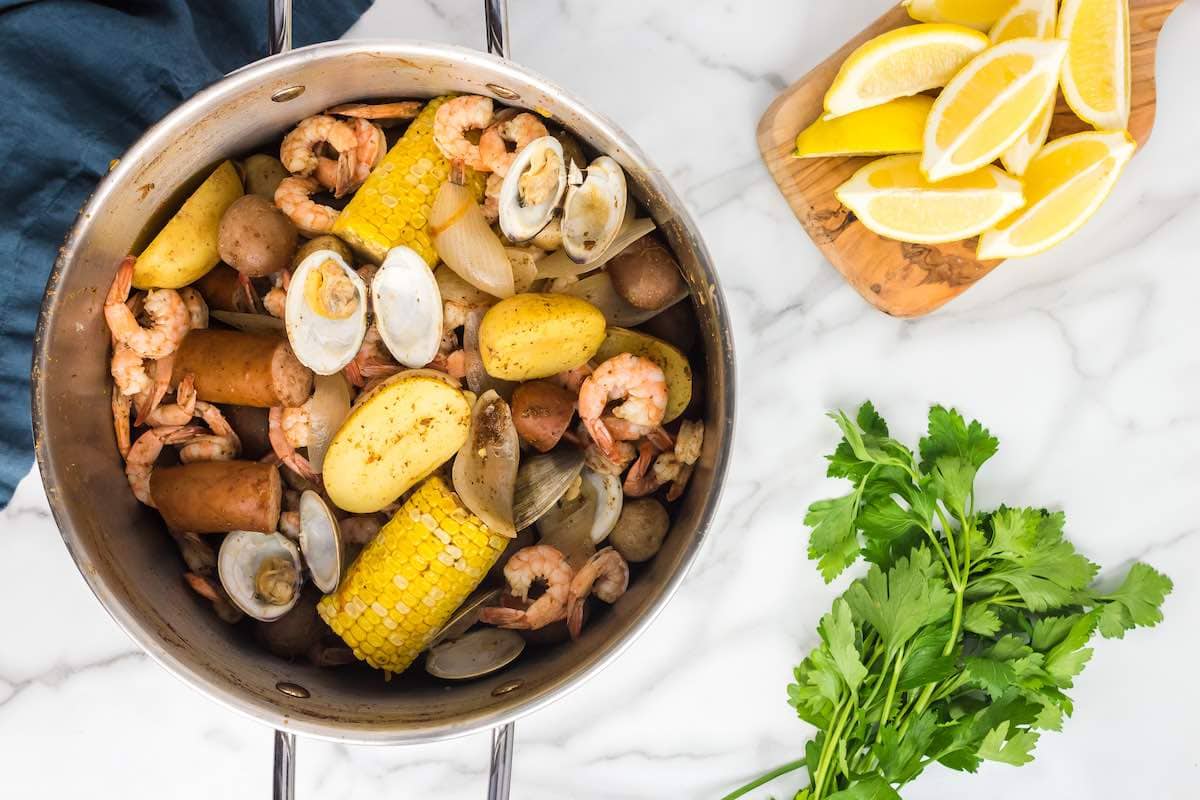 drained seafood boil in pot.