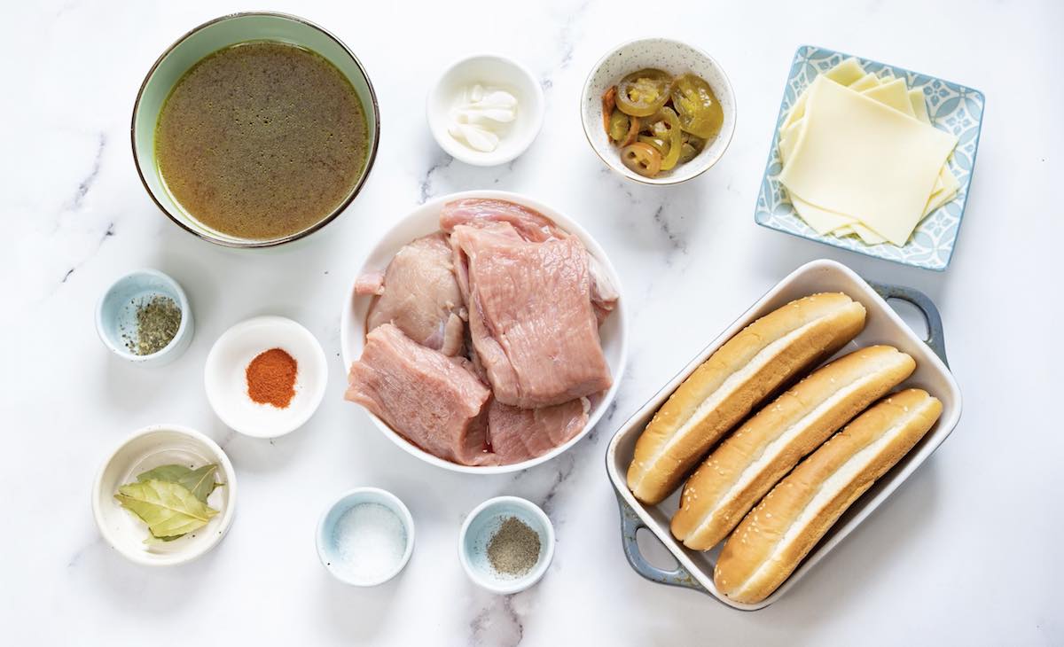 Italian beef sandwich ingredients.