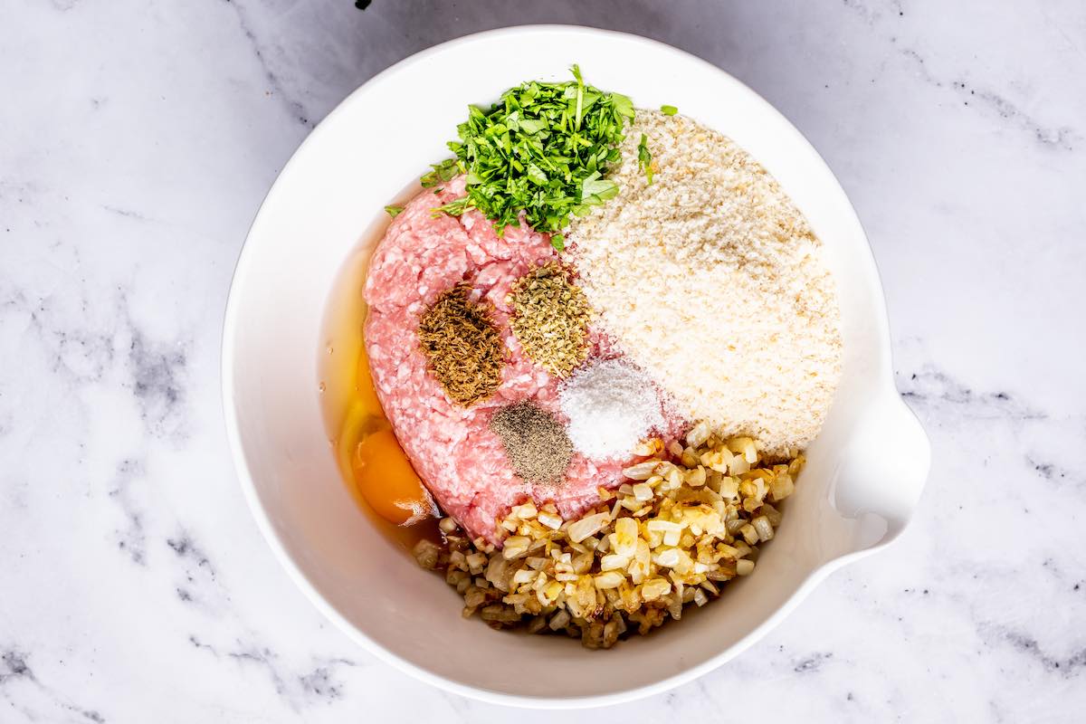 meatball mixture in a mixing bowl.