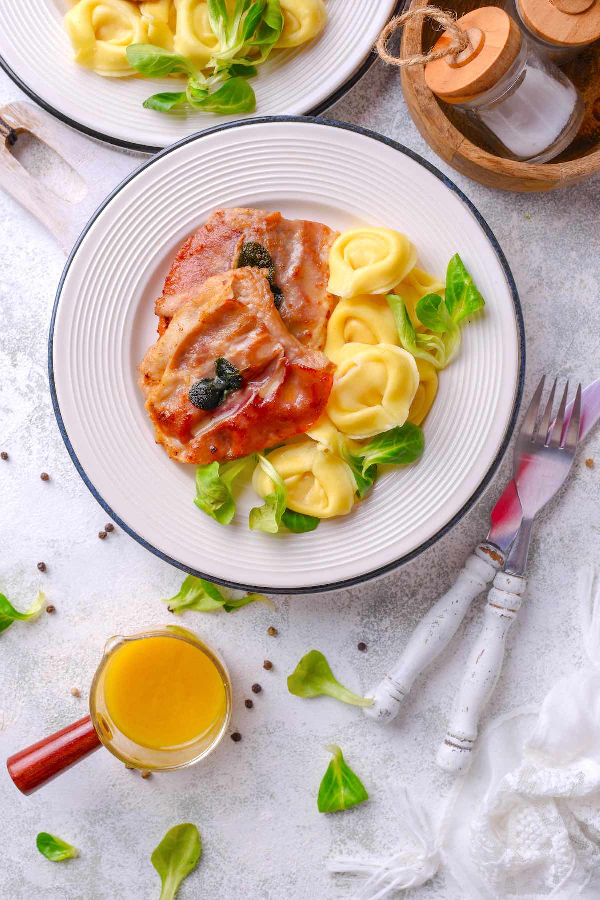 veal saltimbocca with fresh pasta.