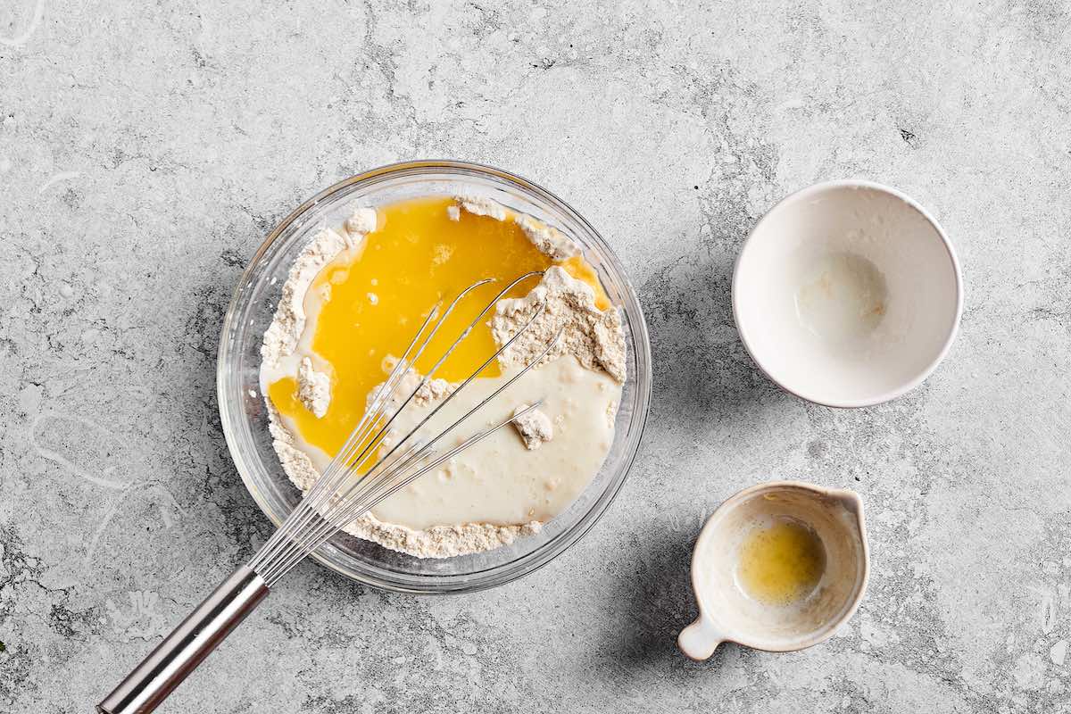 wet and dry ingredients in a bowl.
