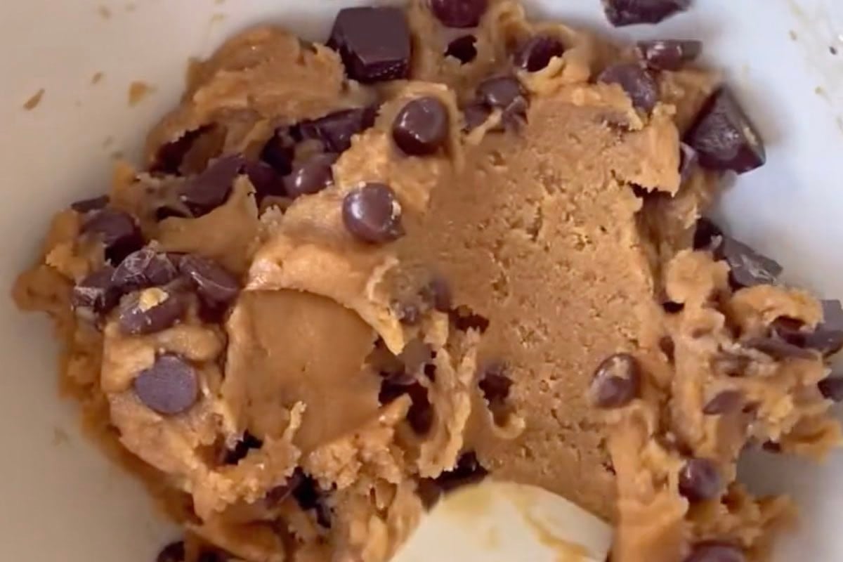 keto chocolate chip cookie dough in a bowl.