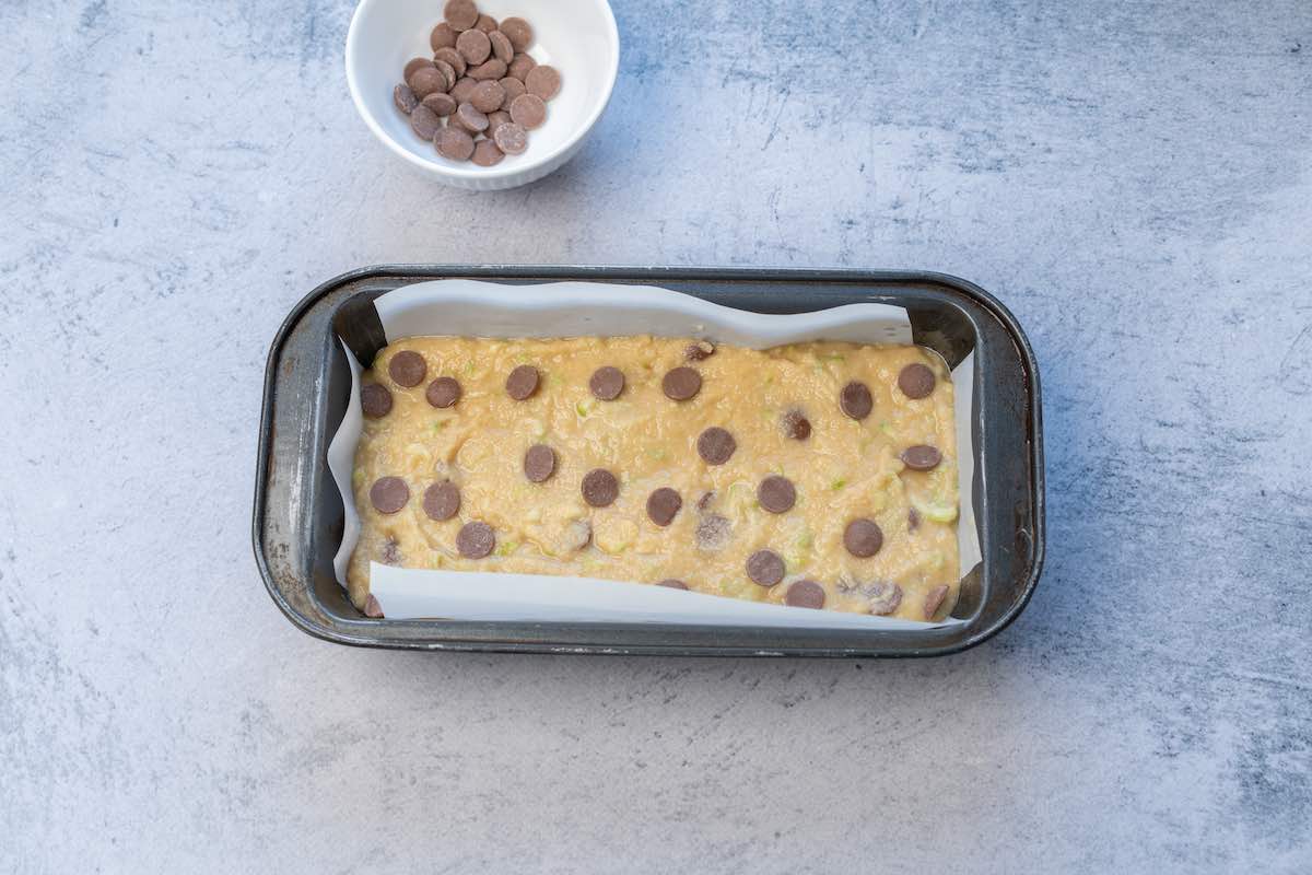 zucchini bread in baking pan.