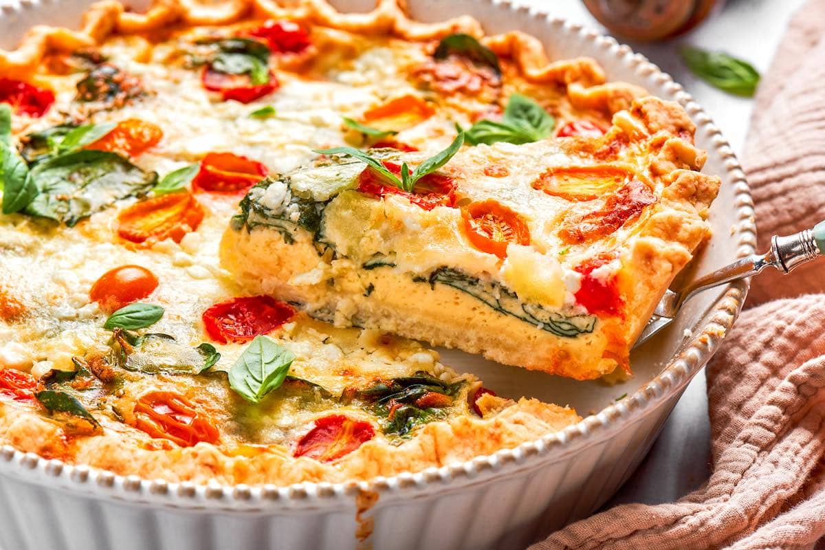 baked cottage cheese quiche in a pie tin.