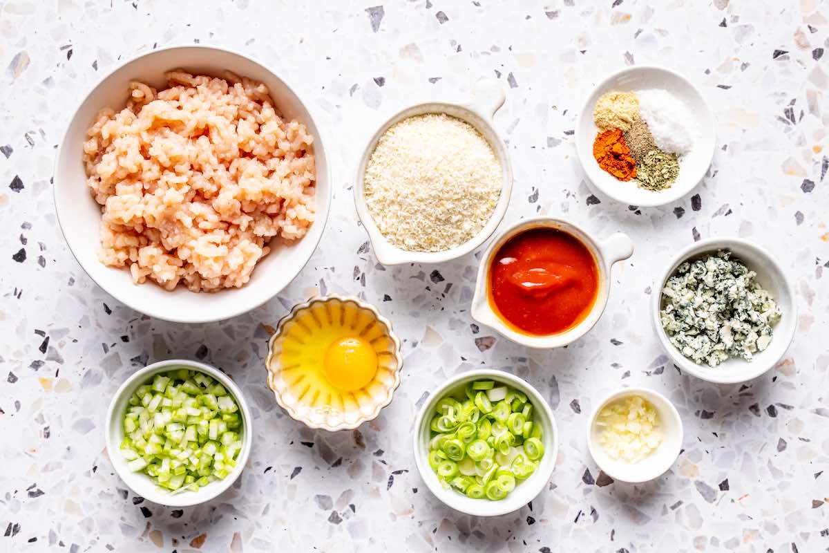 ingredients for buffalo chicken meatballs. 