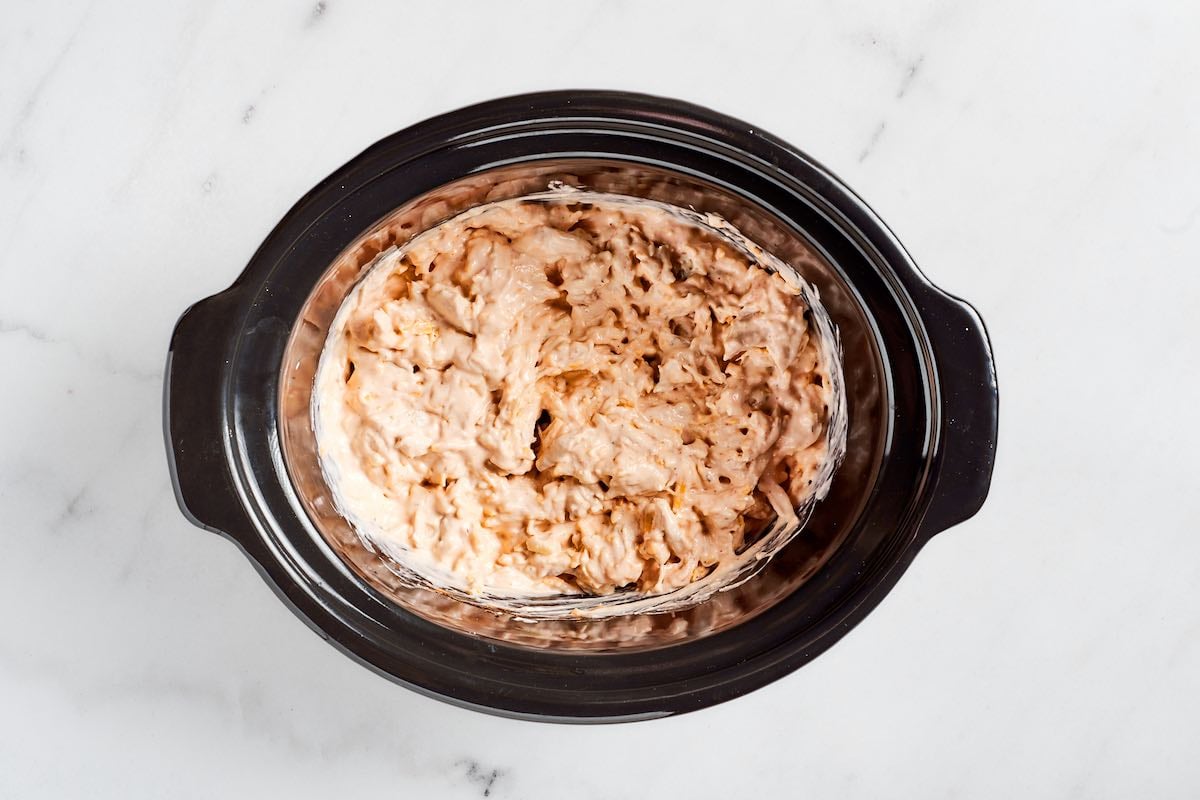 creamy chicken dip in a slow cooker.