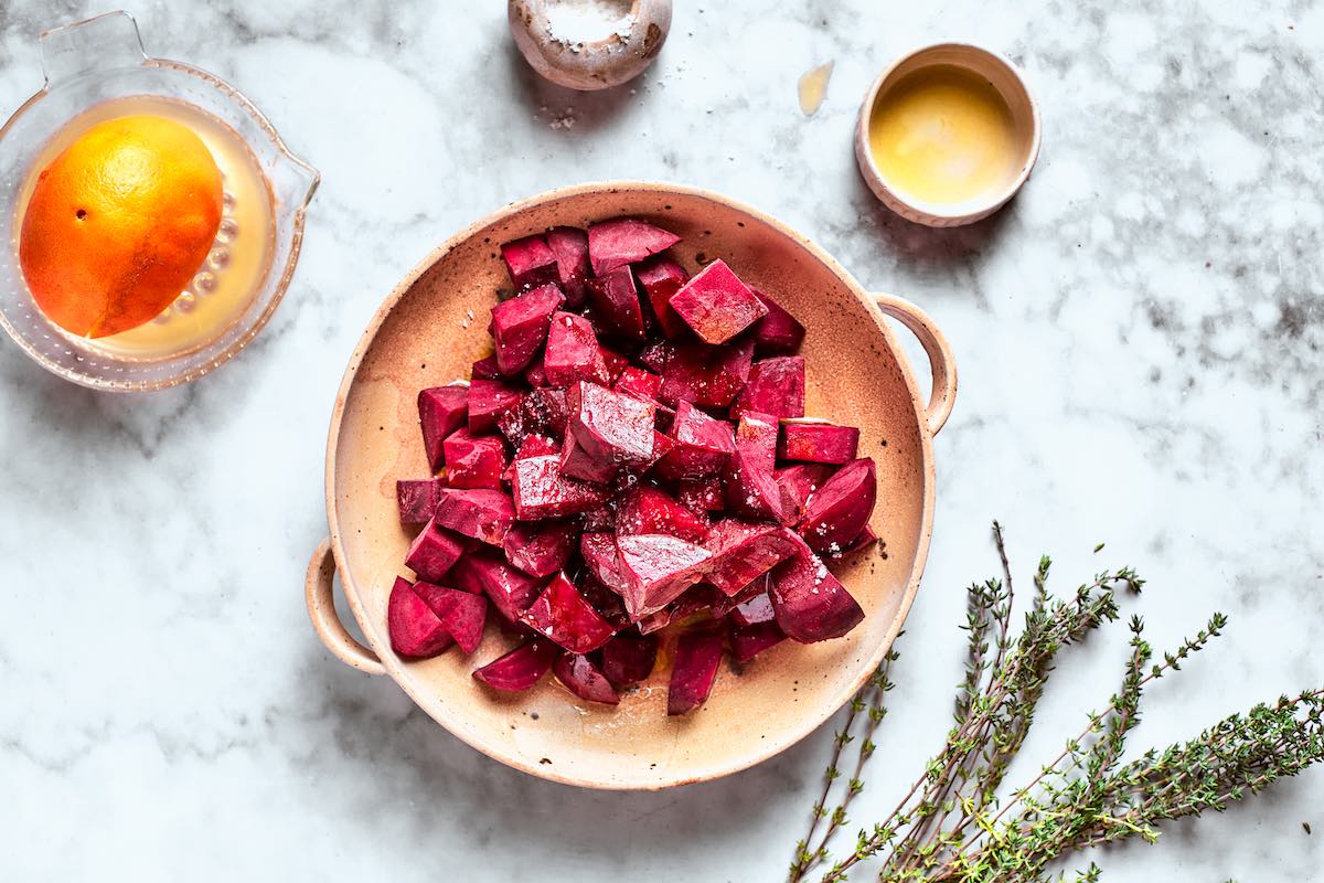 raw beets seasoned with juice, oil, and salt.