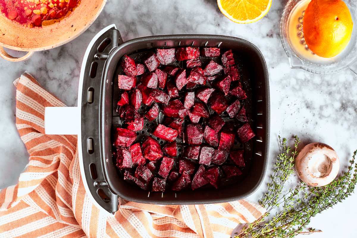 air fried beets in the air fryer basket.