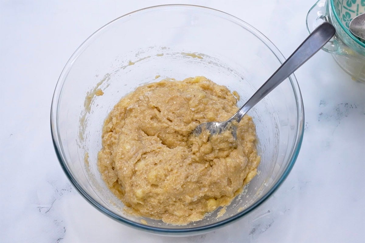 coconut flour banana bread batter in a bowl.