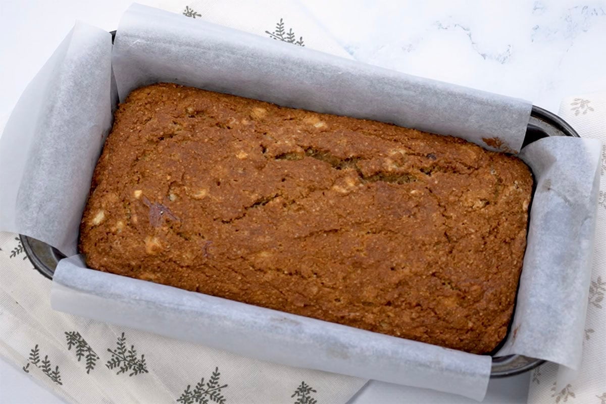 baked coconut flour banana bread in a baking pan.