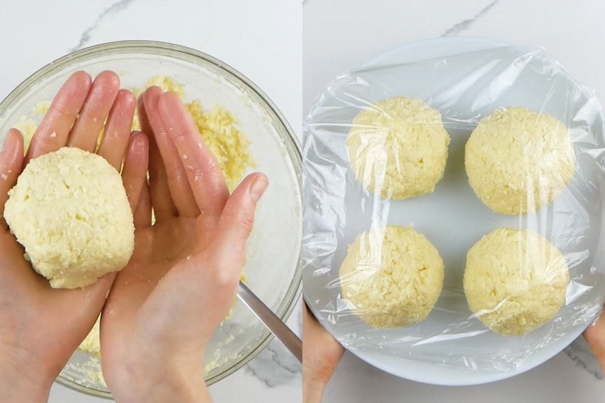 shaping keto gnocchi dough in balls.