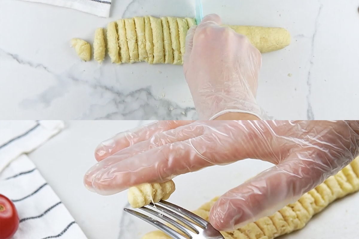 crimping keto gnocchi with a fork.