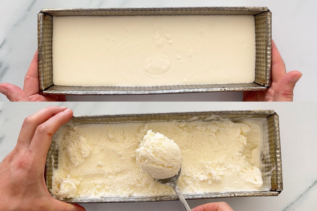 sugar free ice cream setting in a loaf pan.