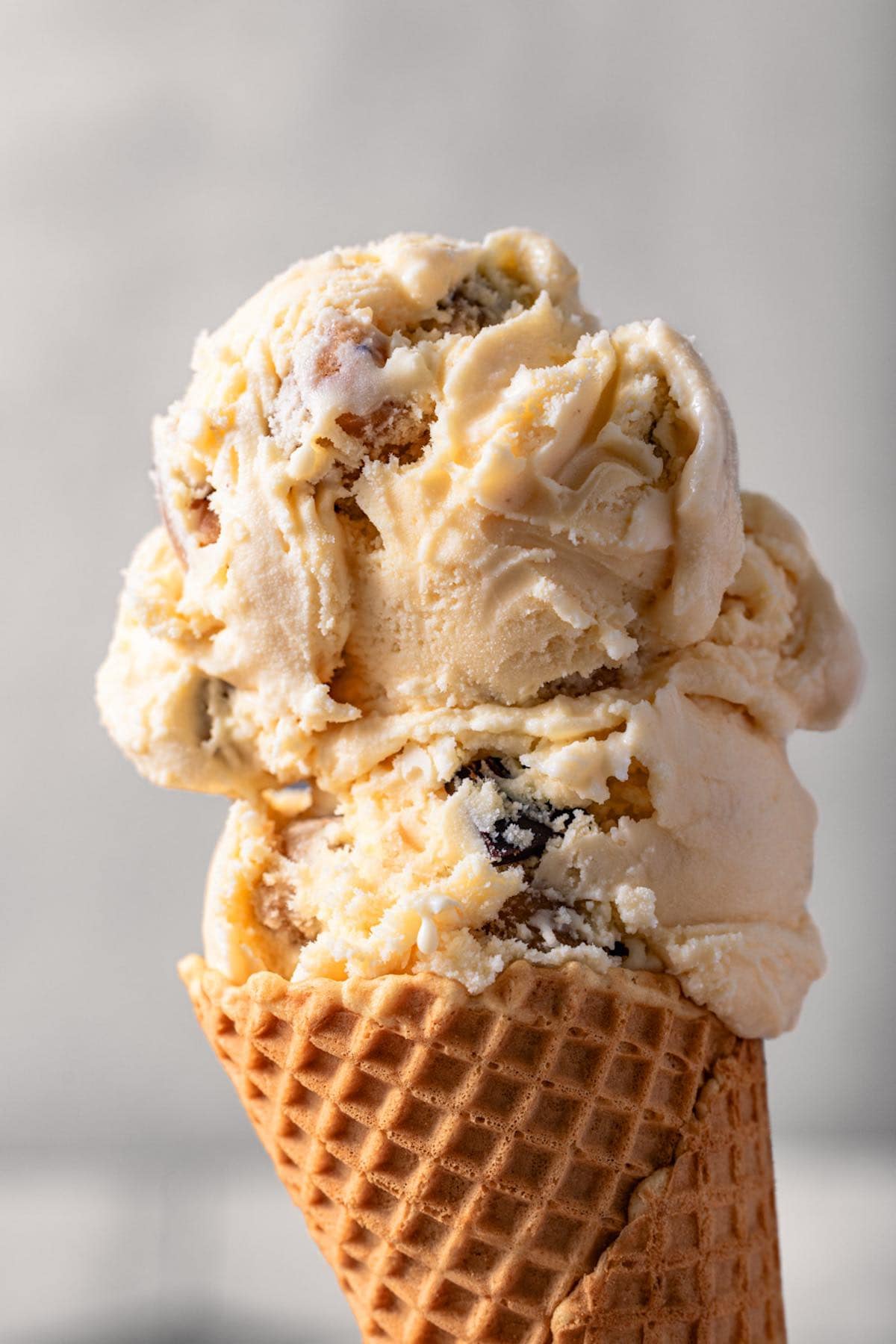 homemade cookie dough ice cream in a waffle cone.