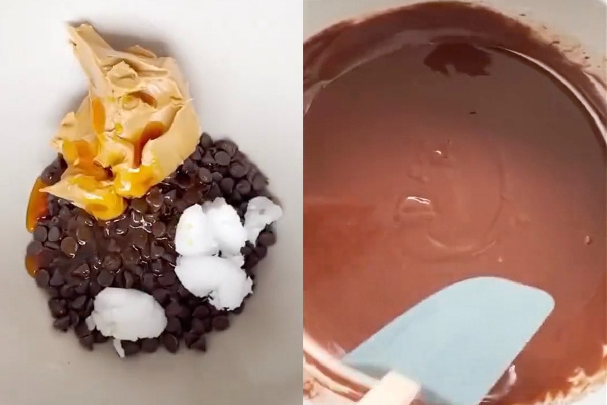 coconut oil, peanut butter, syrup, and chocolate chips in a bowl melted.