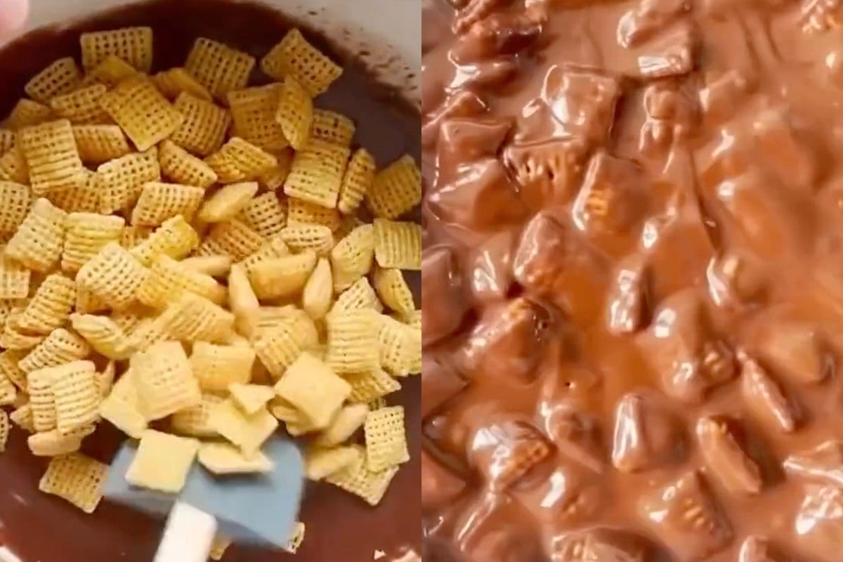 mixing chex cereal into melted chocolate mixture.