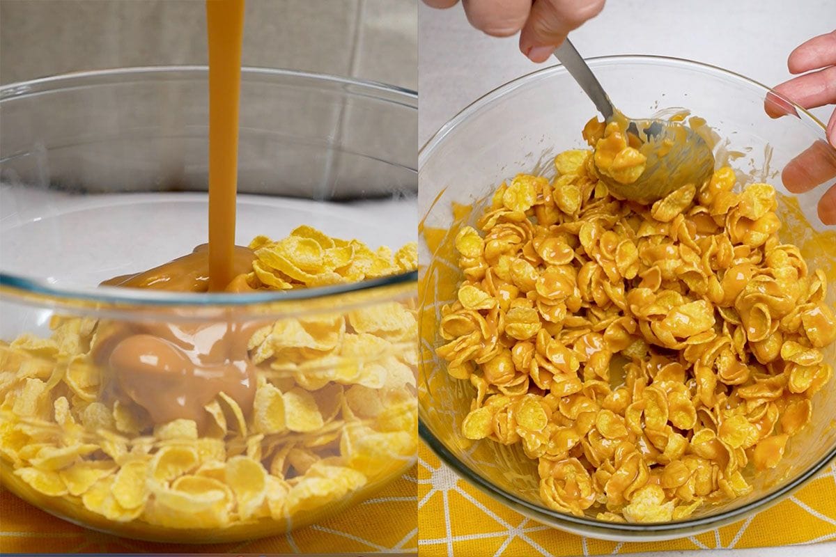 melted peanut butter and syrup mixture poured into dry cornflakes.