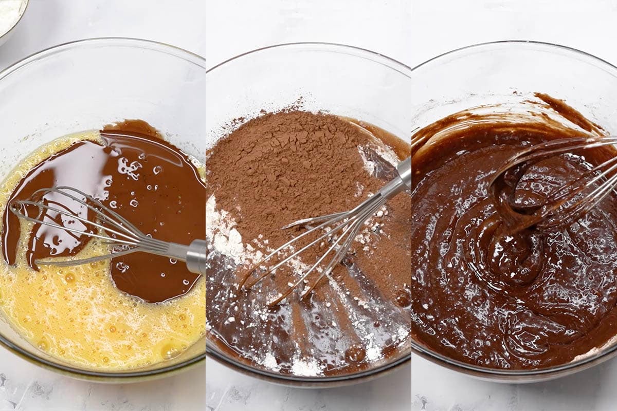 three bowls showing the process of making the brownie batter.