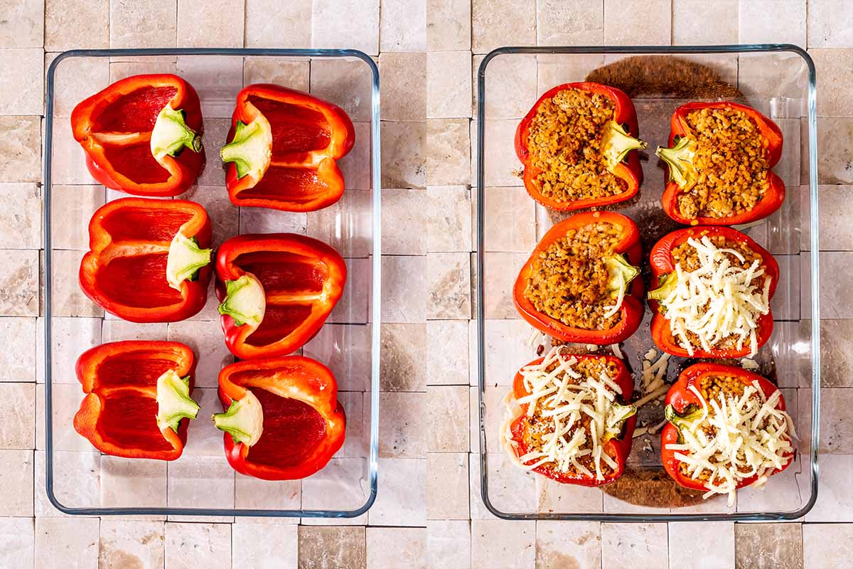 stuffing peppers with ground pork mixture.