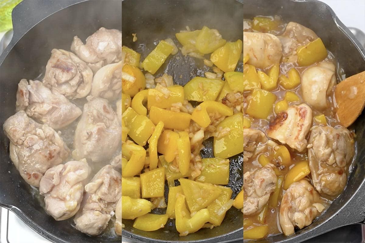 chicken and vegetables stir fried in sauce.