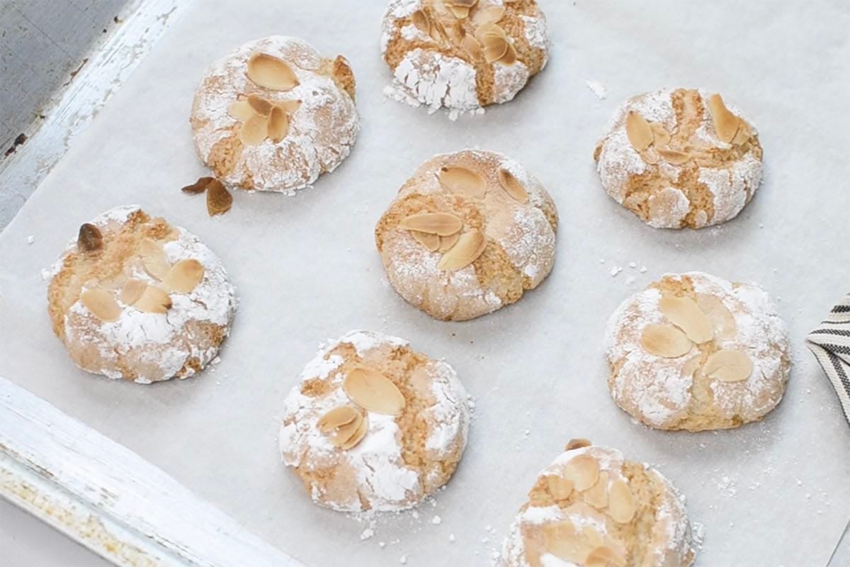 baked Italian almond cookies on a baking sheet.