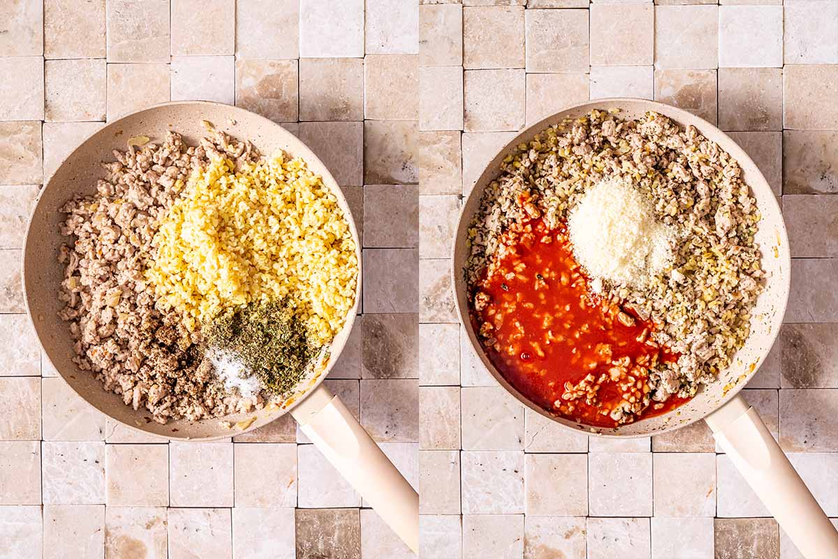 stuffing ingredients in a skillet.