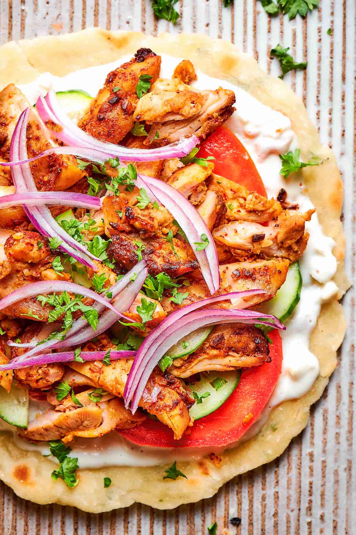air fryer chicken shawarma on pita.