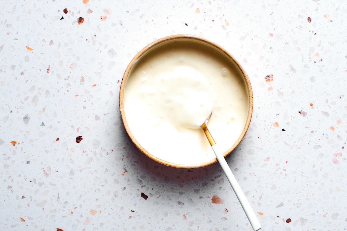 garlic yogurt sauce in a small bowl.