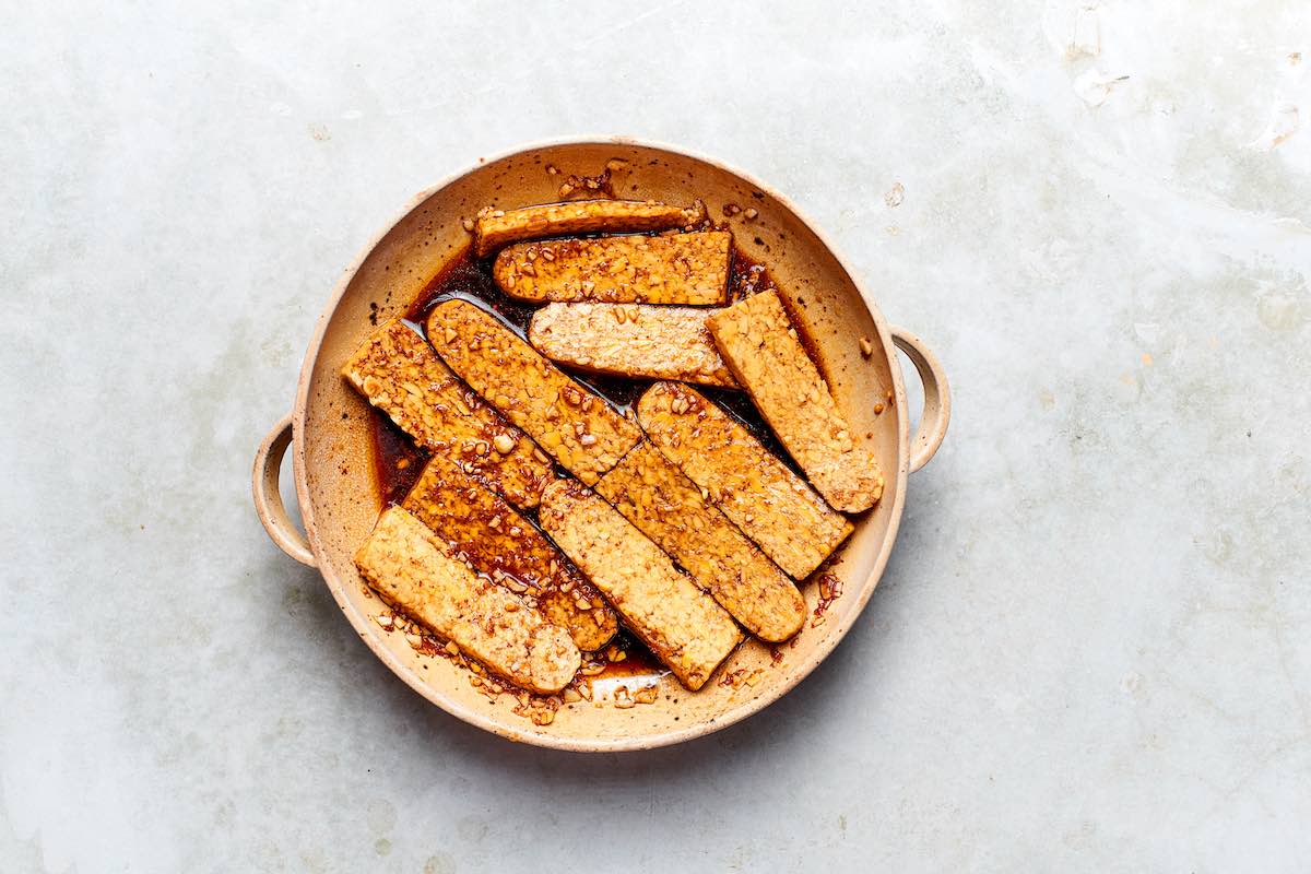 steamed tempeh coated in marinade.