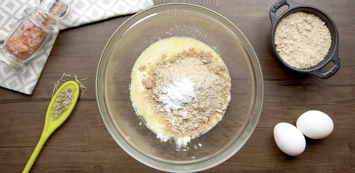 keto pizza crust mixture in a mixing bowl.