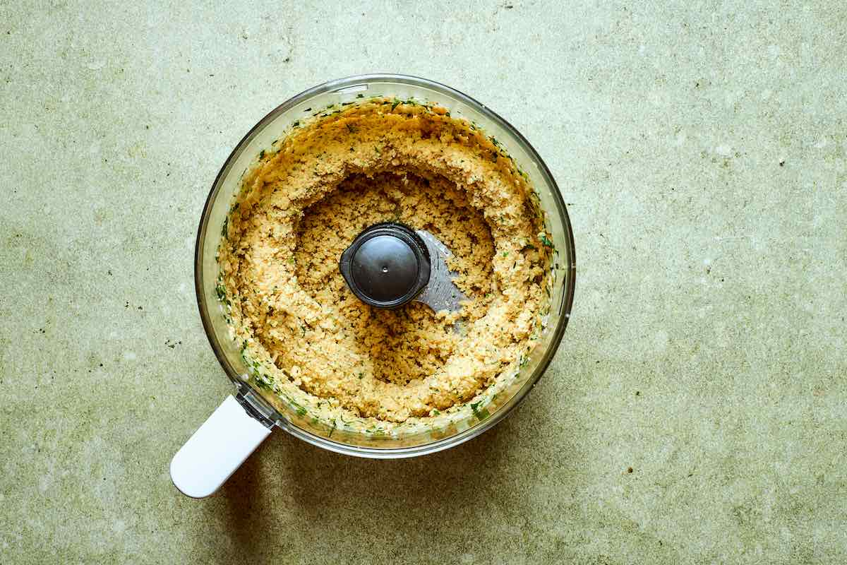 blended falafel mixture in the food processor.