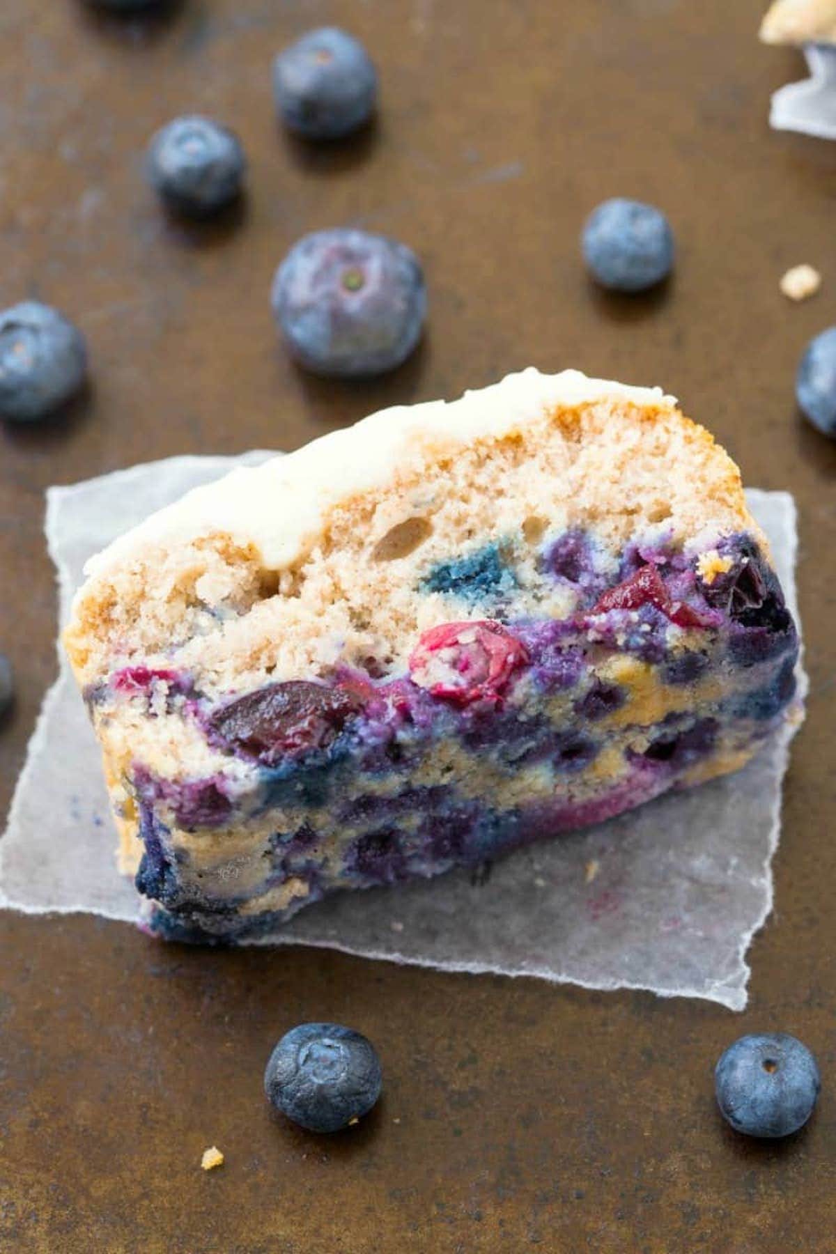 blueberry breakfast cake on a baking sheet.