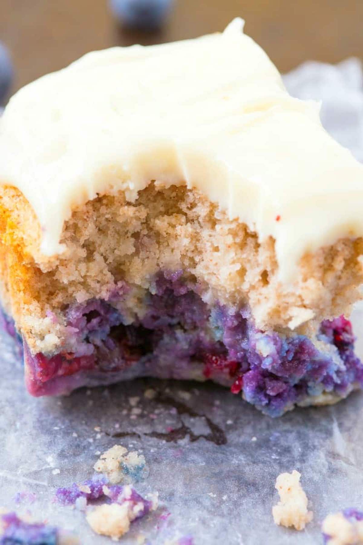 almond flour blueberry cake with cream cheese frosting.